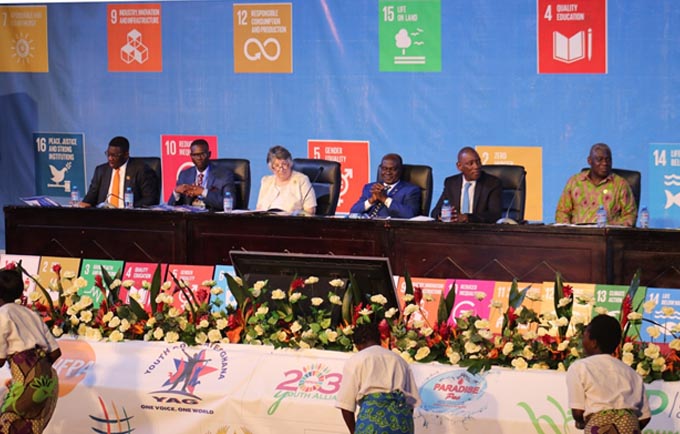 R-L: SA to the President of Ghana on SDGs, Dr. Eugene Owusu, UNFPA’s Regional Director, Mabingue Ngom, Ghana’s Minister for Planning, Prof. Gyan Baffour, UN Resident Coordinator, Ms. Christine Evans-Klock, and UNFPA’s Country Representative, Niyi Ojuolape