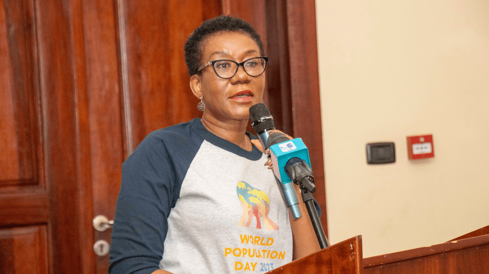 Dr. Leticia Adelaide Appiah, making remarks at the 2023 World Population Day celebration.