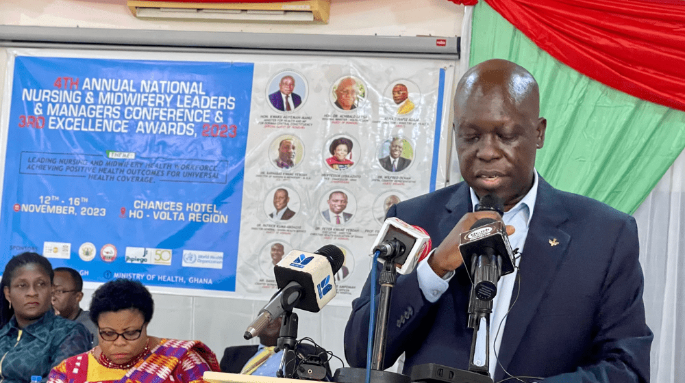 UNFPA Representative, Dr. Wilfred Ochan, delivering the keynote address at the 4th Annual Nursing and Midwifery Leaders and Mana