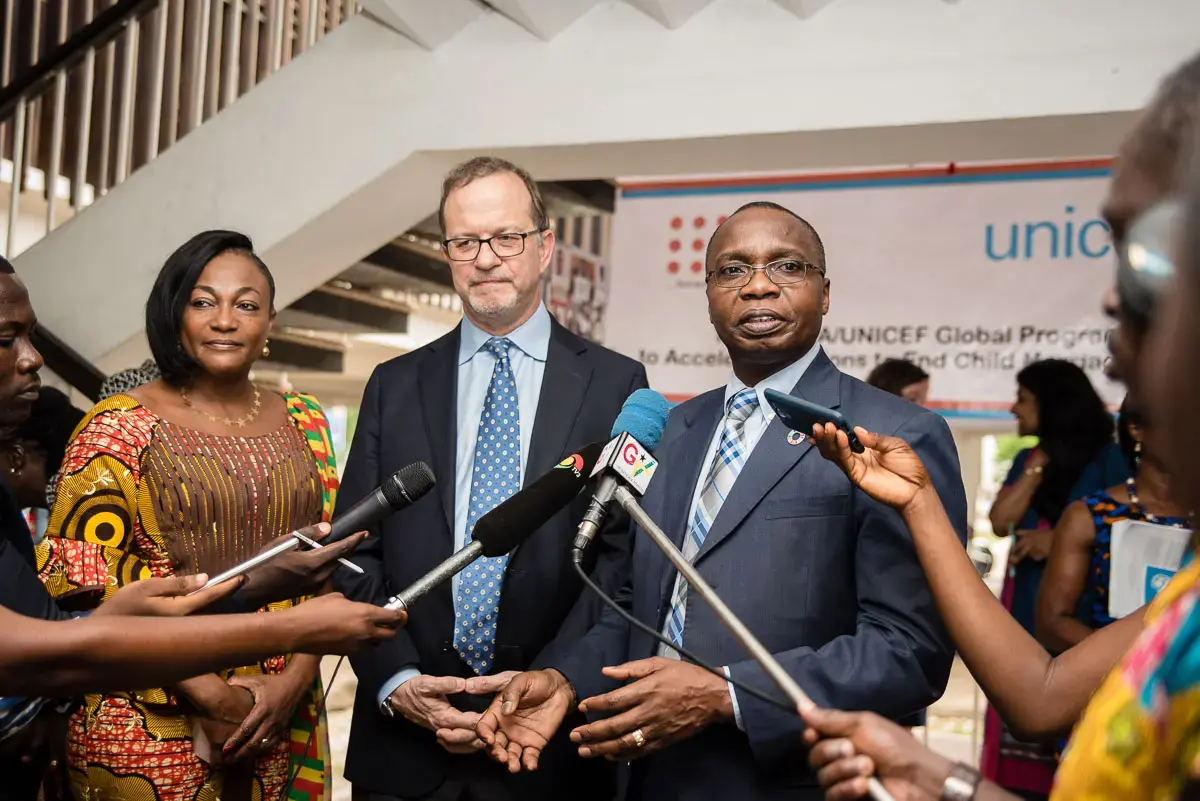 Mr. Benoit Kalasa speaking to the media during the child marriage steering committee meeting in Ghana